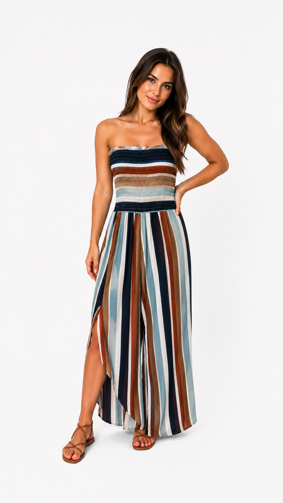 MONO LARGO STRAPLESS DE RAYAS MULTICOLOR