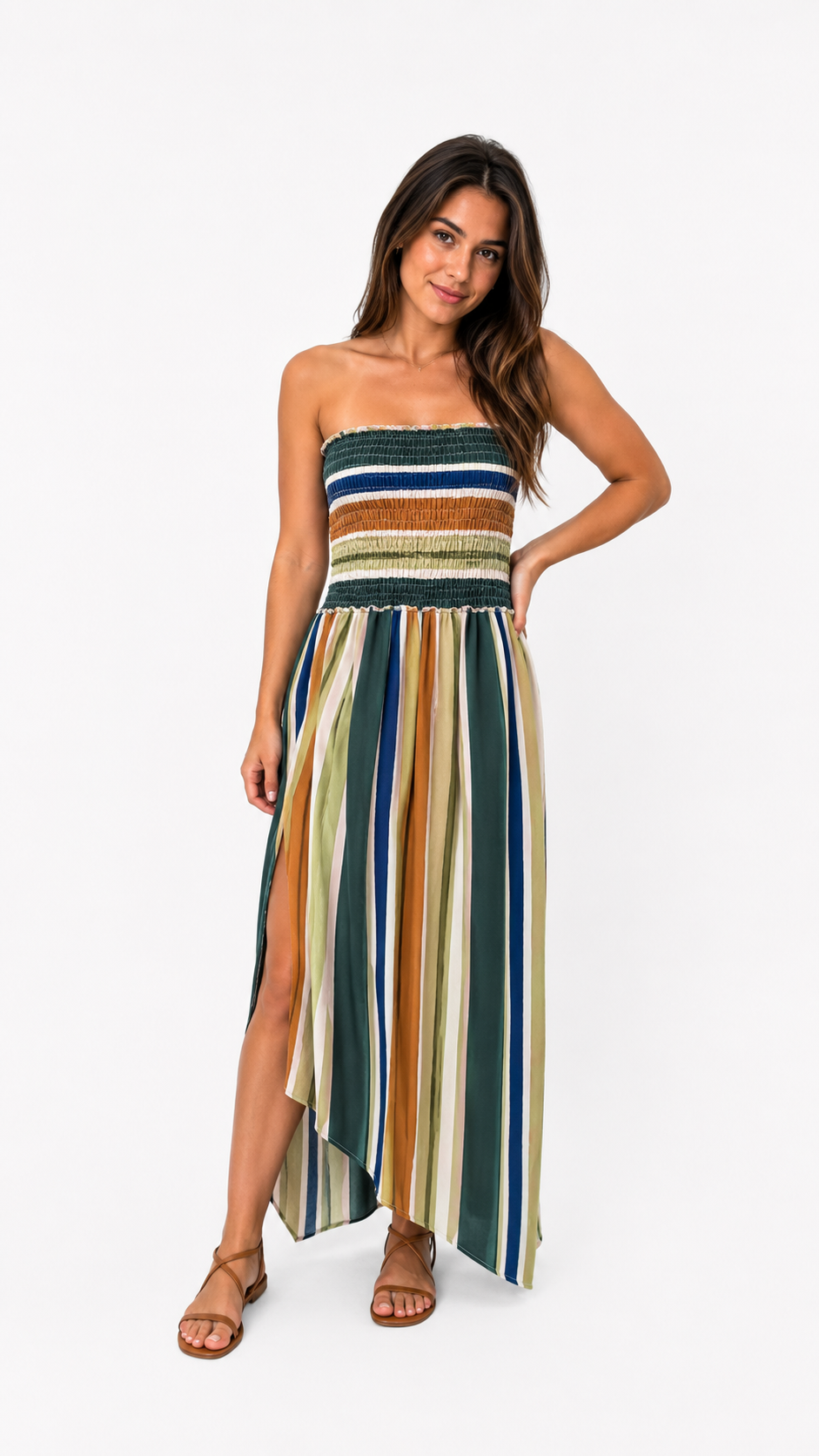 MONO LARGO STRAPLESS DE RAYAS MULTICOLOR
