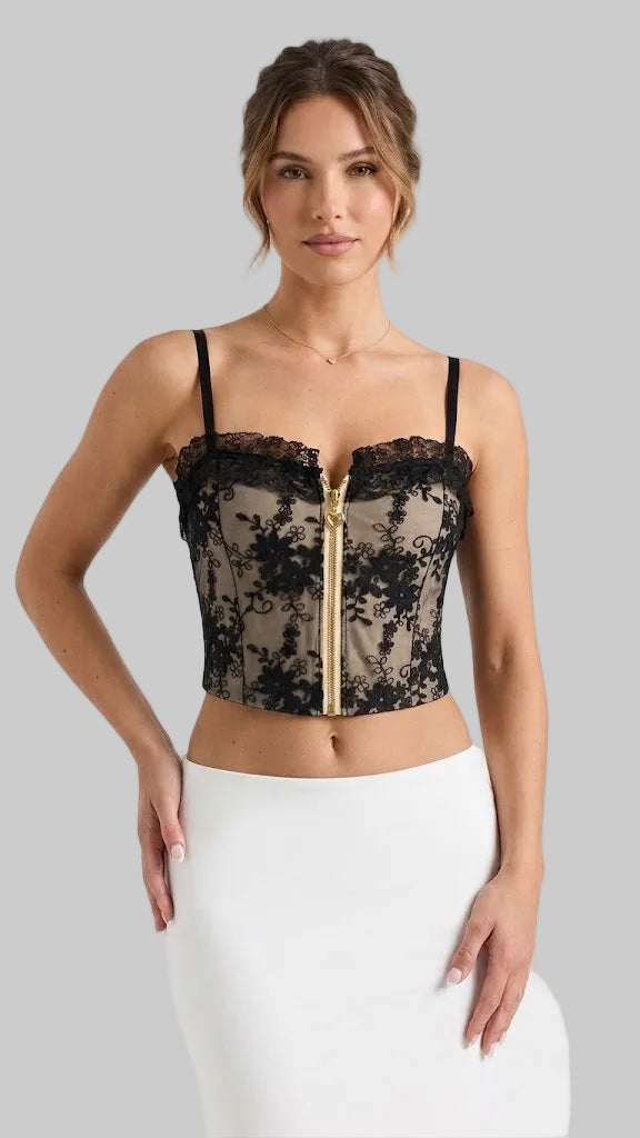 TOP CORSET DE ENCAJE Y CIERRE FRONTAL