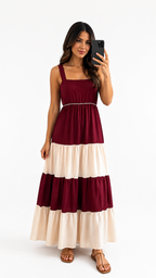 VESTIDO LARGO CON FALDA EN CAPAS