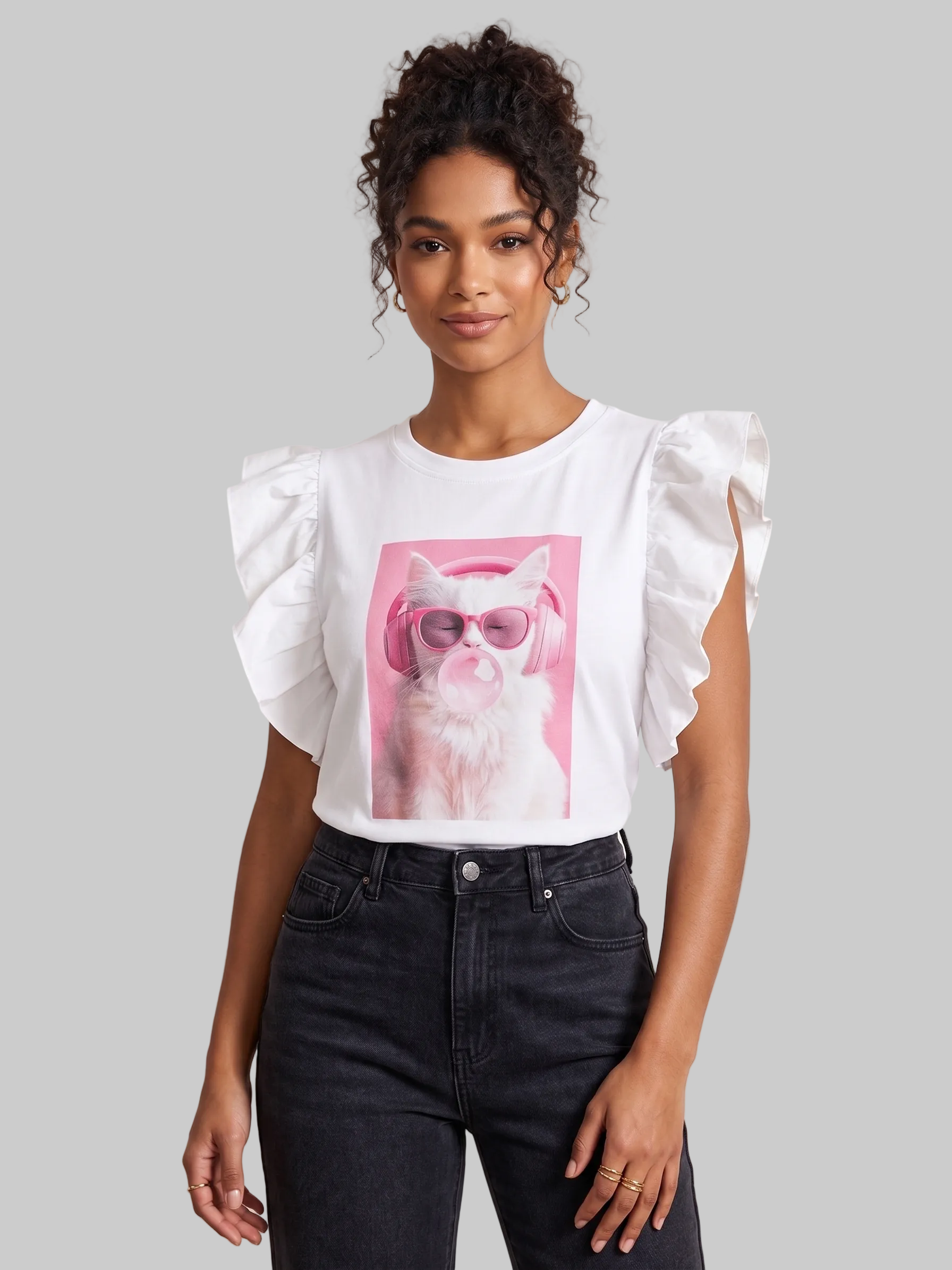 BLUSA ESTAMPADA CON MANGAS CON VOLANTES