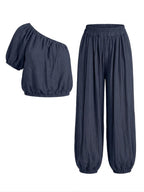 CONJUNTO TOP ASIMÉTRICO Y PANTALÓN FLUIDO