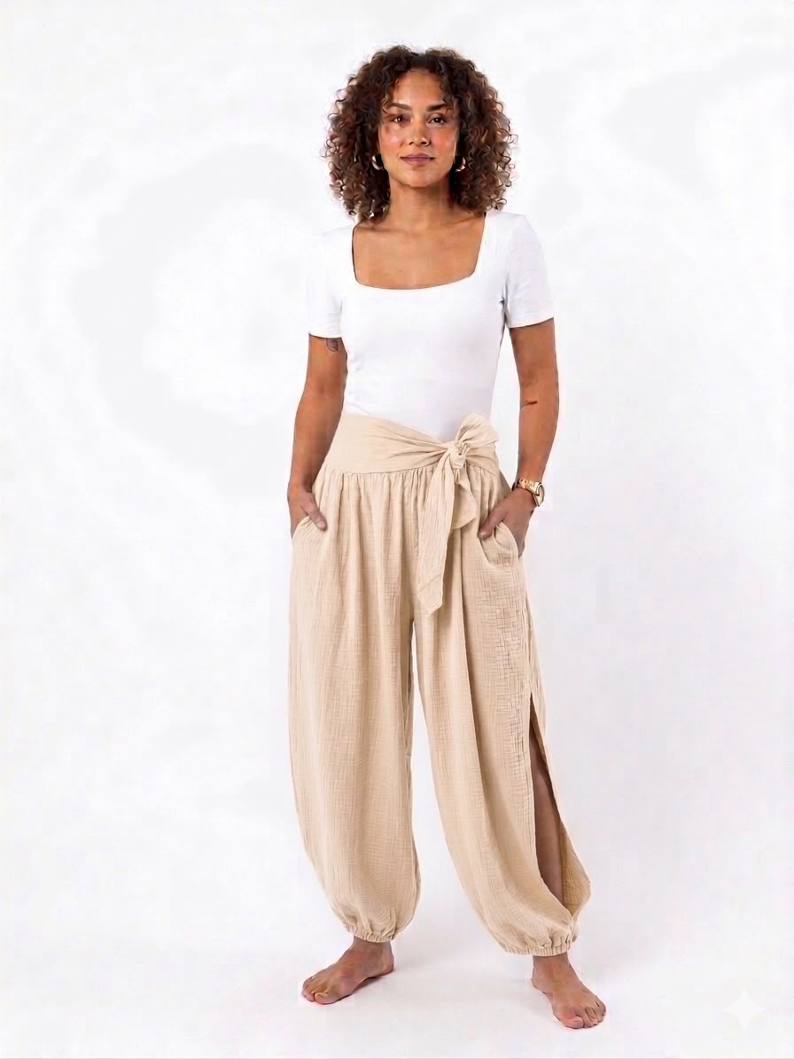 PANTALÓN BOHO CRUZADO CON LAZO Y ABERTURA