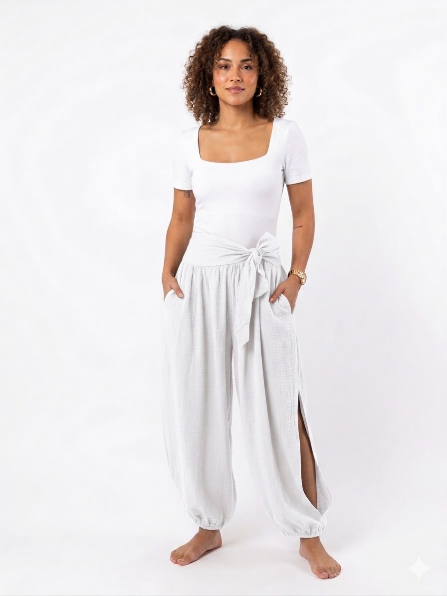 PANTALÓN BOHO CRUZADO CON LAZO Y ABERTURA