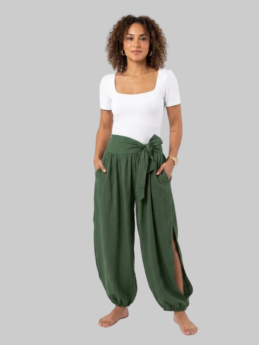 PANTALÓN BOHO CRUZADO CON LAZO Y ABERTURA