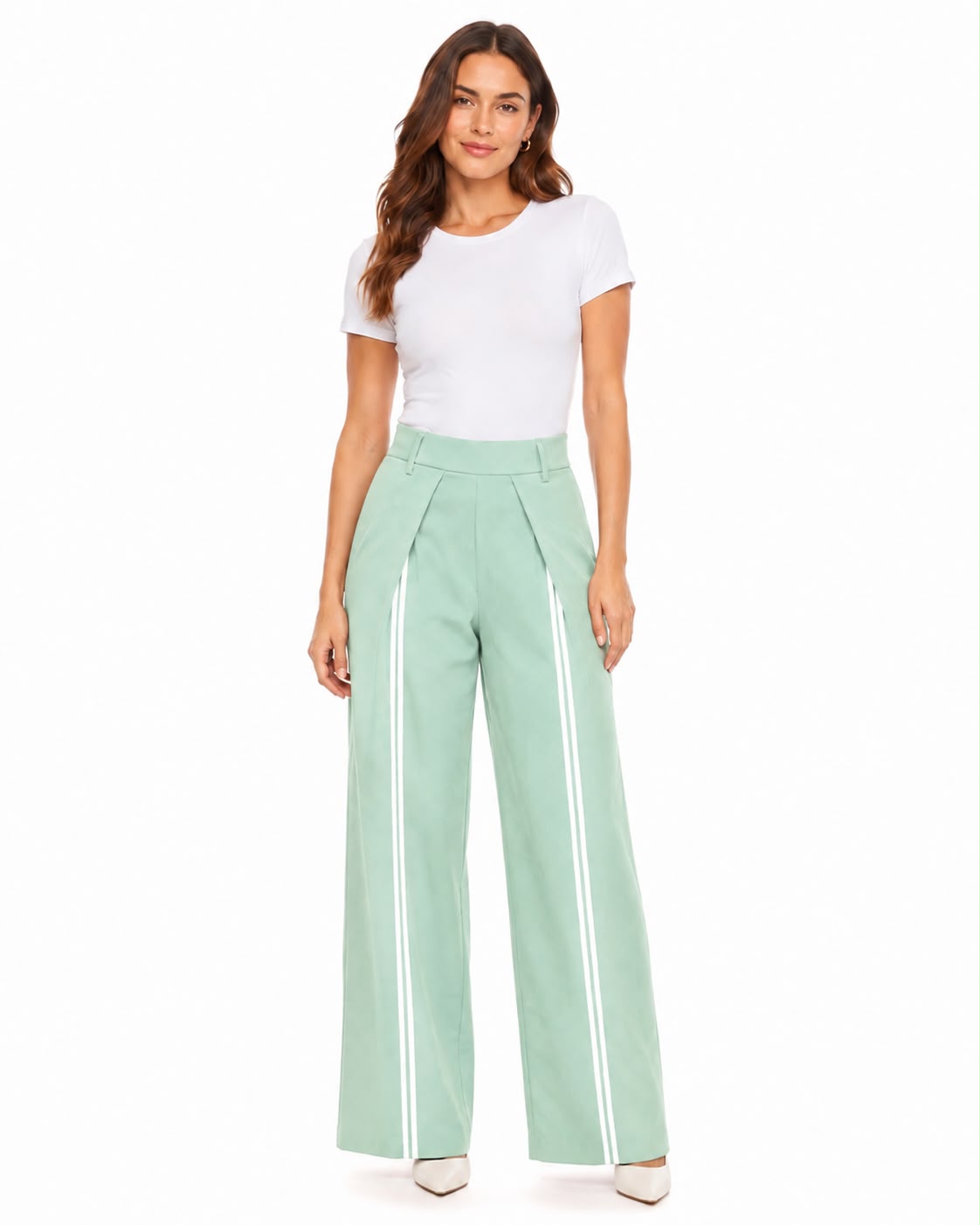 PANTALÓN PALAZZO DE PINZAS CON RAYAS DELANTERA