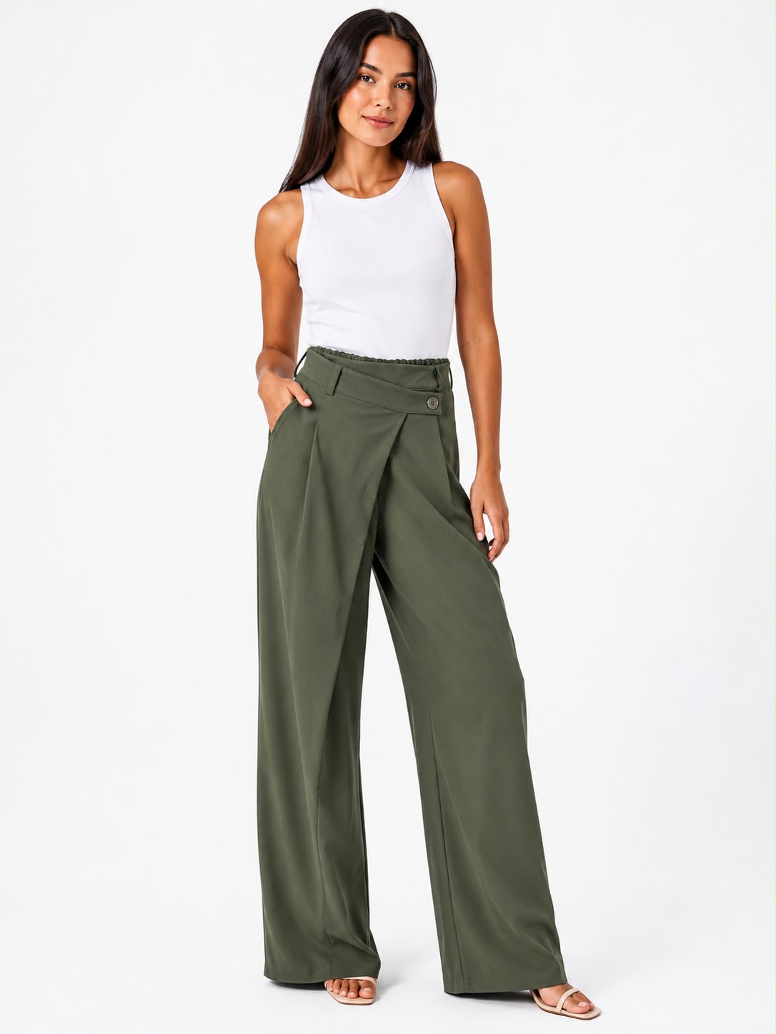 PANTALÓN BOMBACHO CON PINZAS Y SINTURA ABOTONADA