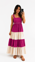 VESTIDO LARGO CON FALDA EN CAPAS