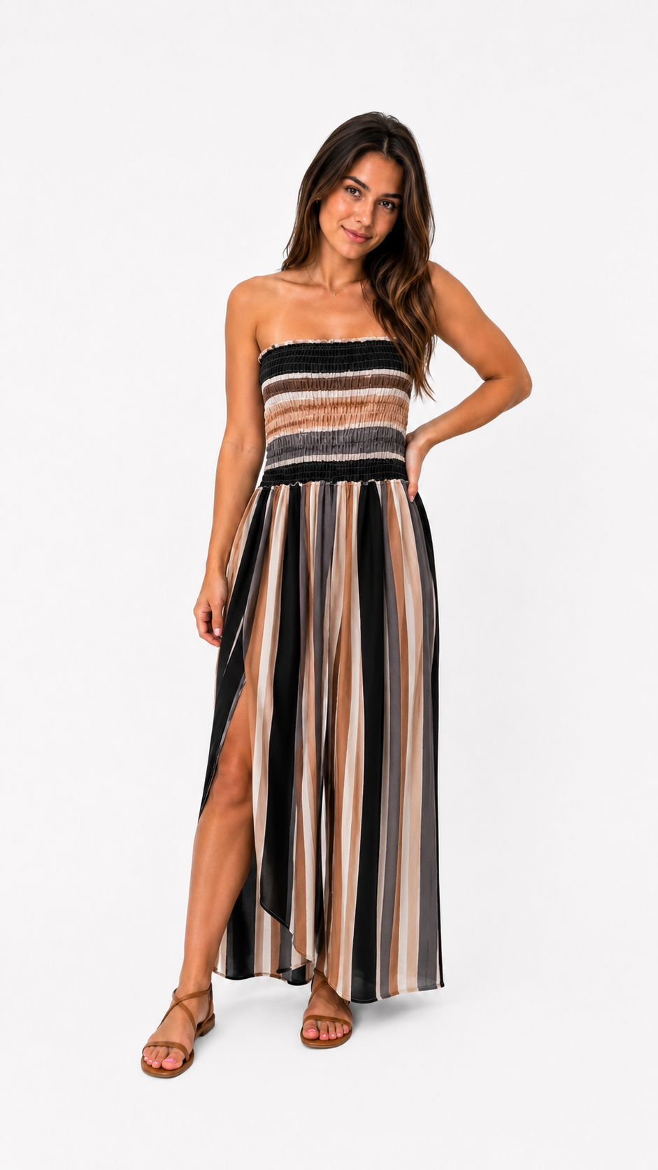 MONO LARGO STRAPLESS DE RAYAS MULTICOLOR